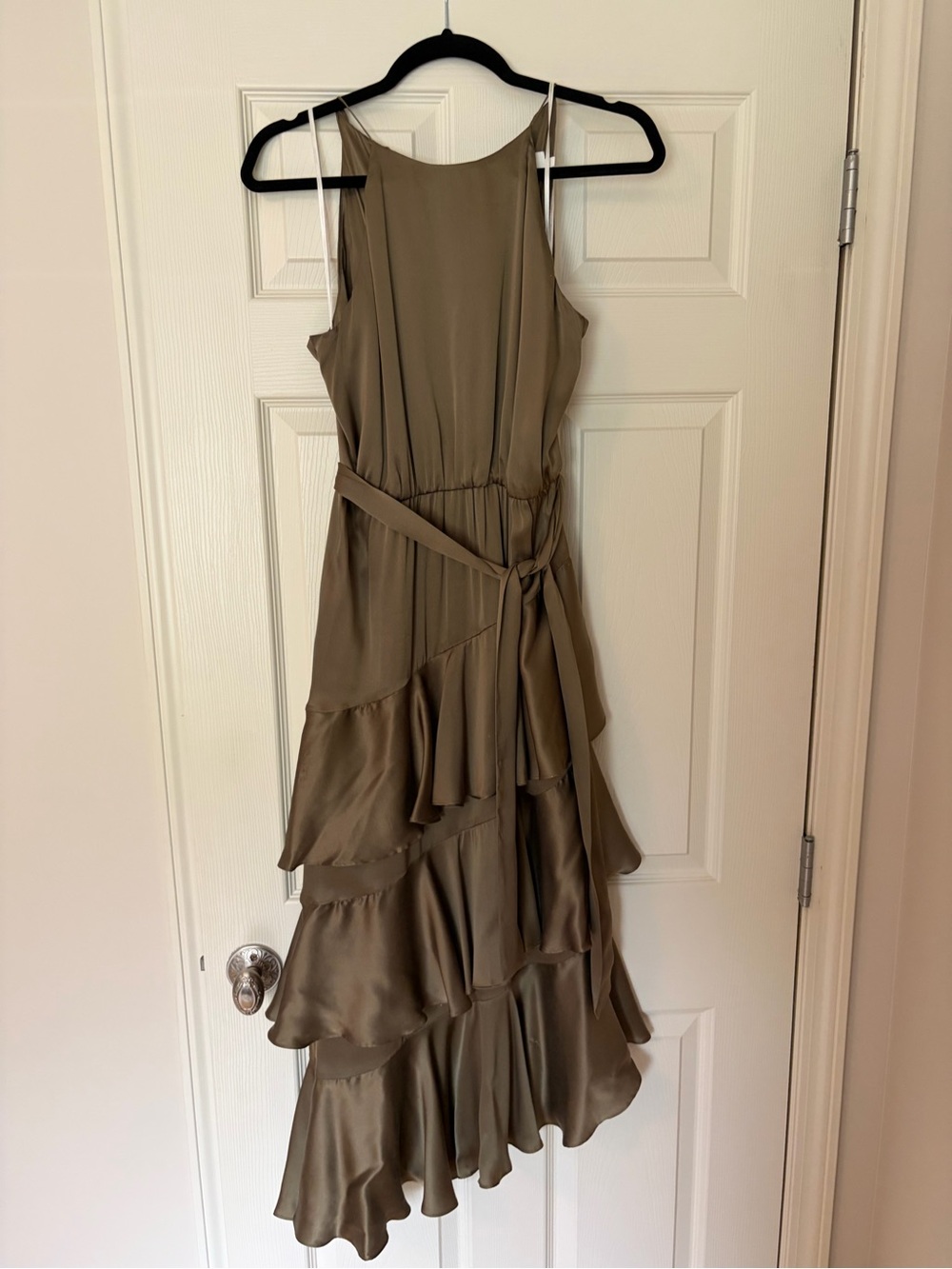 Zimmermann Olive Tiered Ruffle Midi Dress with Waist Tie